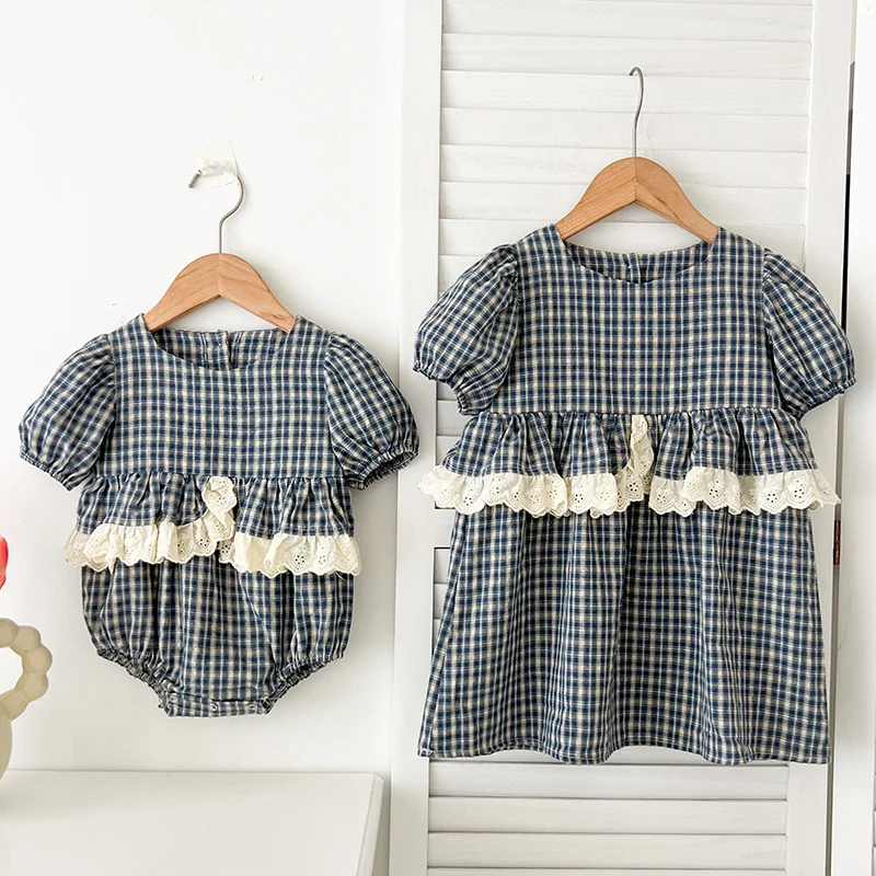 Schwester passendes Outfit Prinzessin Kleider 0-6 Jahre Baby Mädchen Kleidung Mädchen Kleid Plaid Spitze Mode Sommer Schwester Baby Mädchen Stram pler