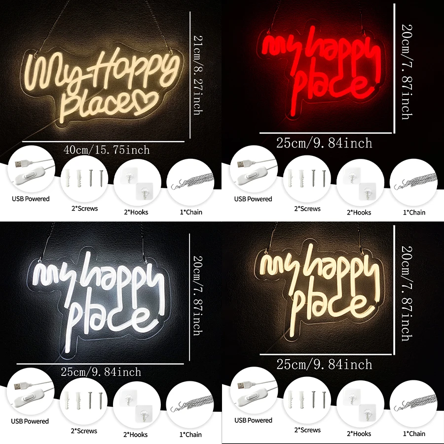 My Happy Place Neon Sign For Wall Decor,Led Neon Light For Bedroom,Living Room,Kitchen Wall Decoration,Wedding,Birthday Party
