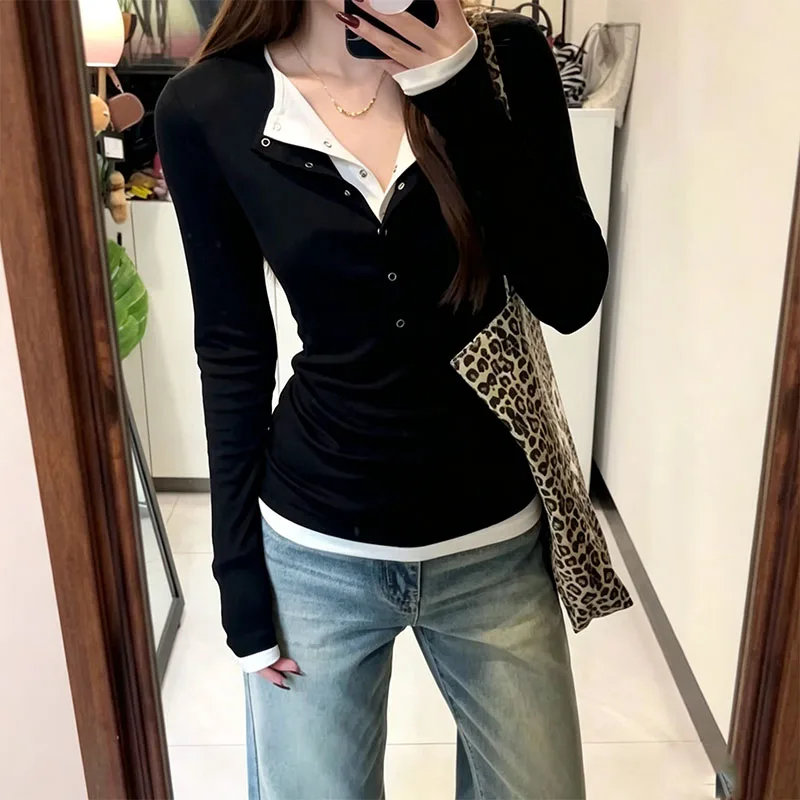 American Style Retro Patchwork Y2K Women's T-Shirt Autumn Street Ribbed Long Sleeve T Shirts Chic Fake Two Pieces Button-Up Tops