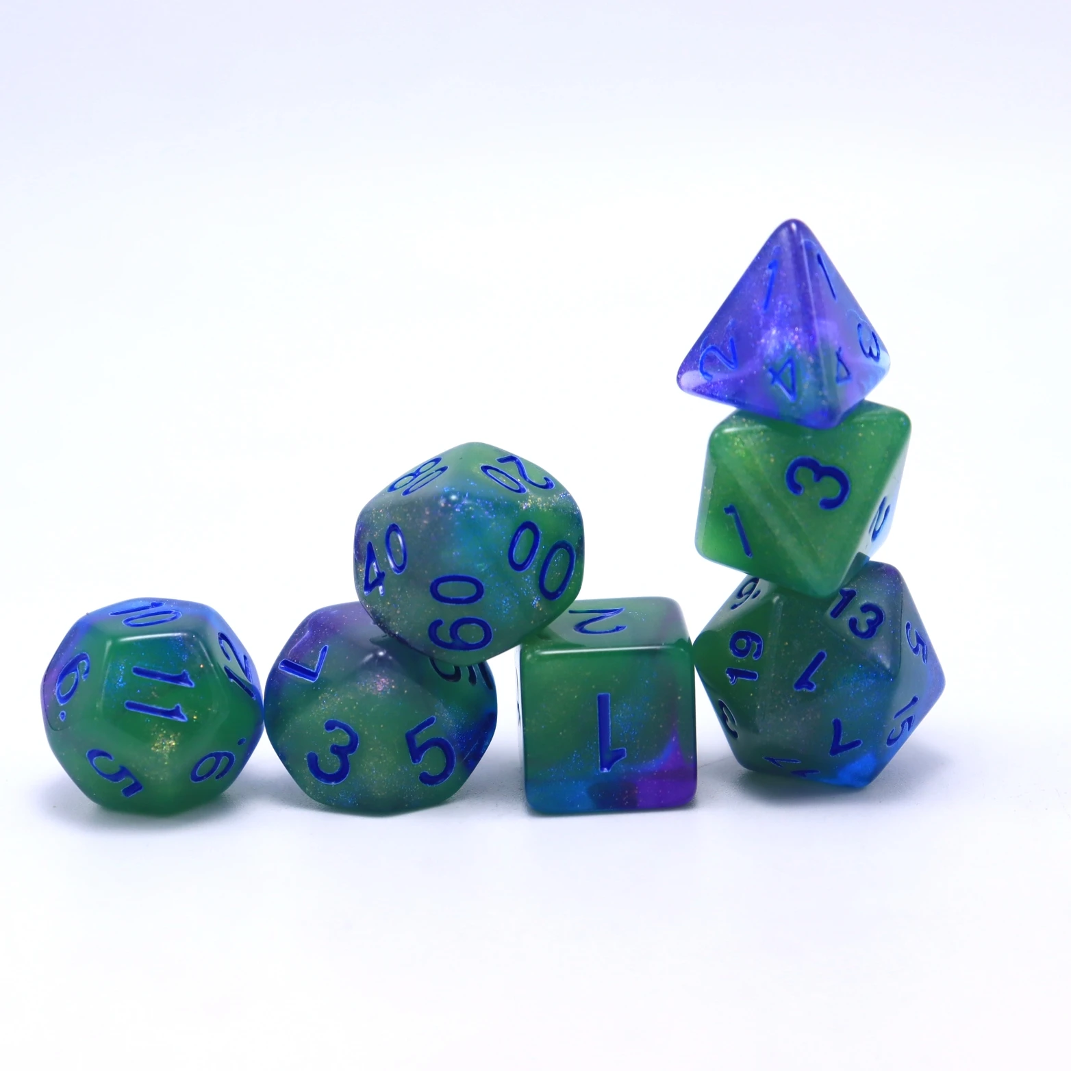 7pcs blue, green and white plus glow-in-the-dark, dice set, game accessories dice, glow-in-the dark dice, board game supplies, l