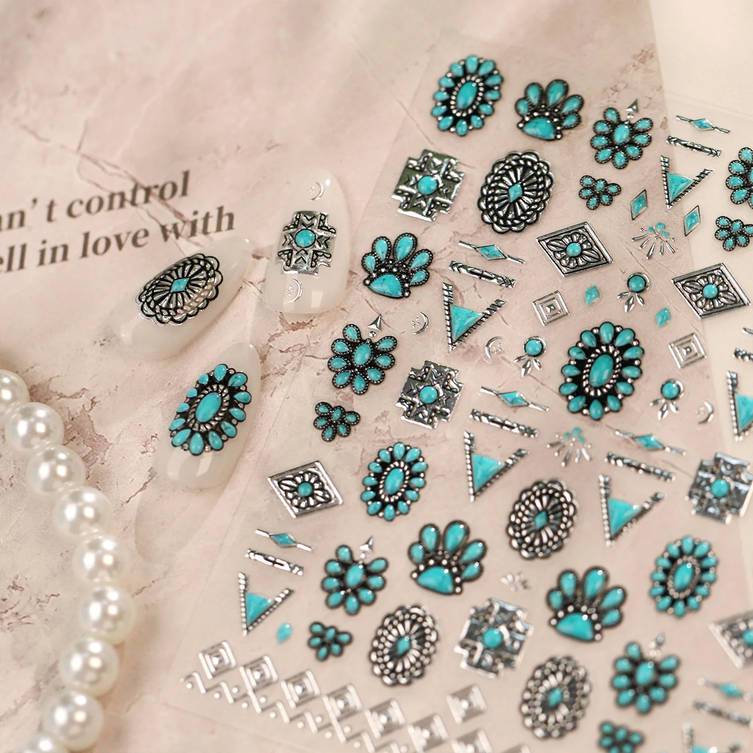 5D Boho Western Turquoise Nail Sticker Antique Silver Geometric Flower Triangle Nail Decals Cowgirl Vintage Manicure Decorative