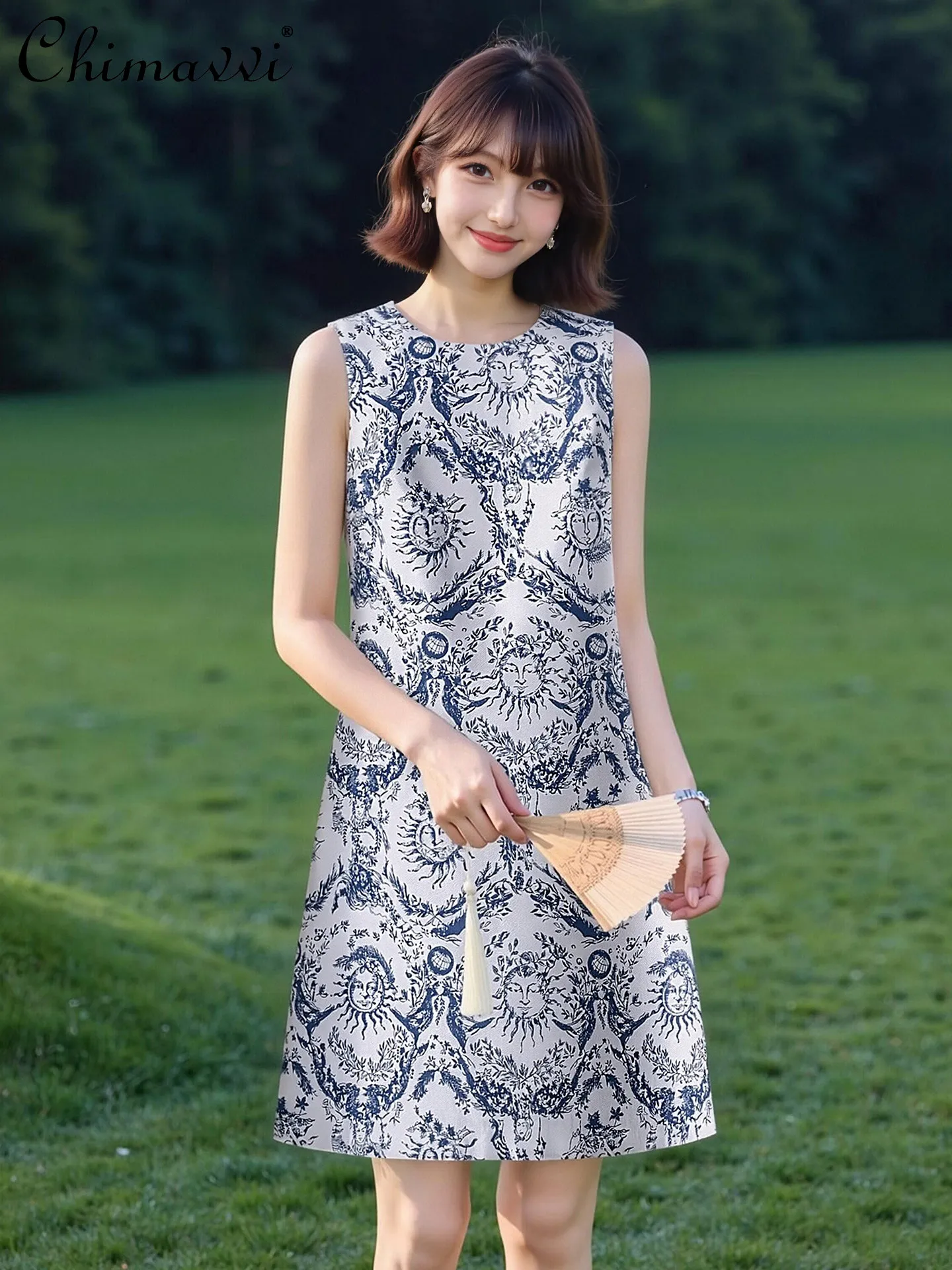French Elegant Fashion Socialite Party Dresses Fashion Jacquard Printed Crew Neck Sleeveless A-line Women's Summer Short Dress