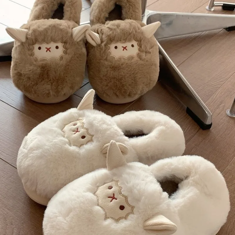 Lamb Cotton Slippers Cute Sheep Women Winter Warm Shoes Plush Lining Indoor Slides Platform High Top Snow Boots Home Slippers