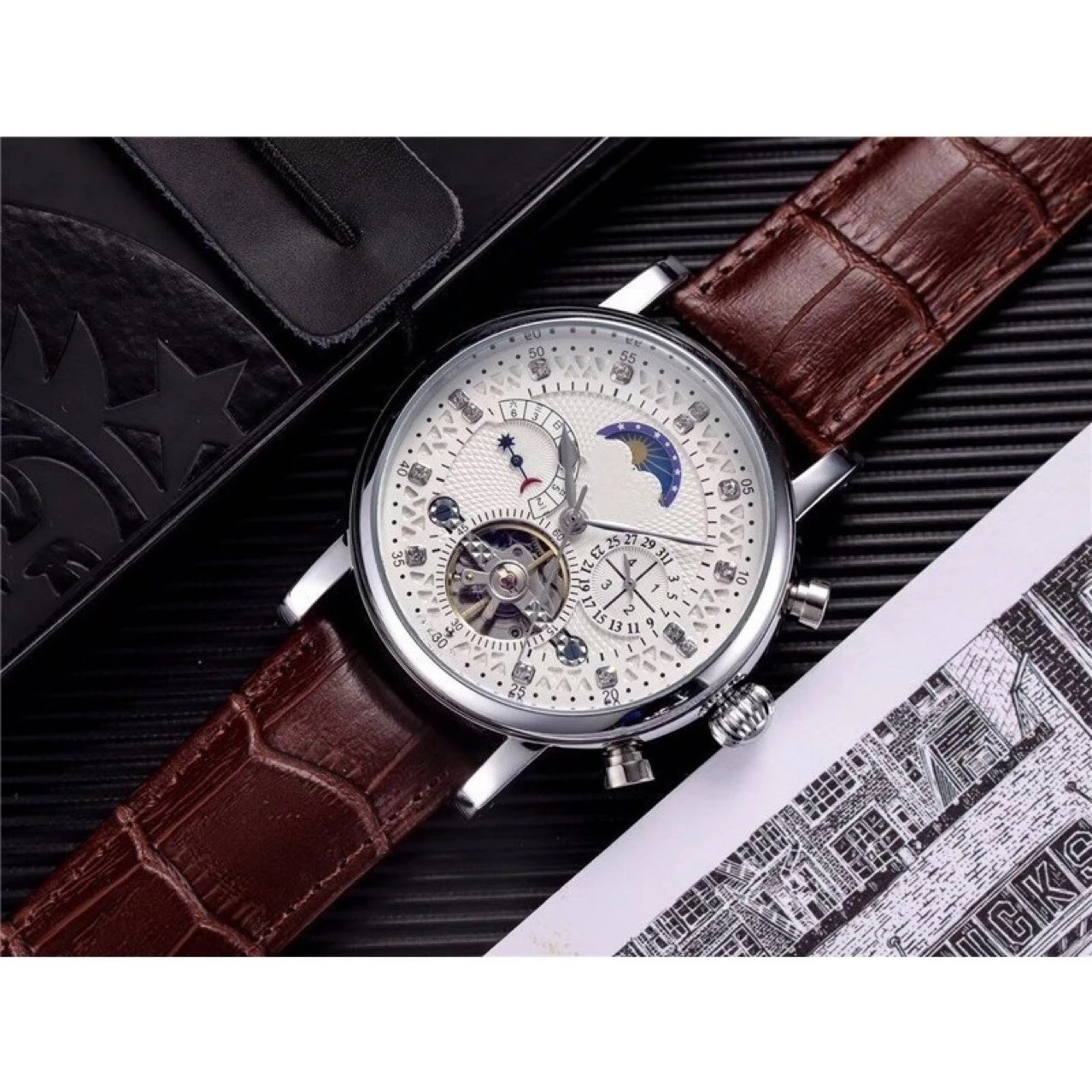 ساعة ميكانيكية أوتوماتيكية فاخرة للرجال بحزام جلدي رياضي مع ساعة رسمية عالية الجودة مرصعة بالألماس الأصلي #5
