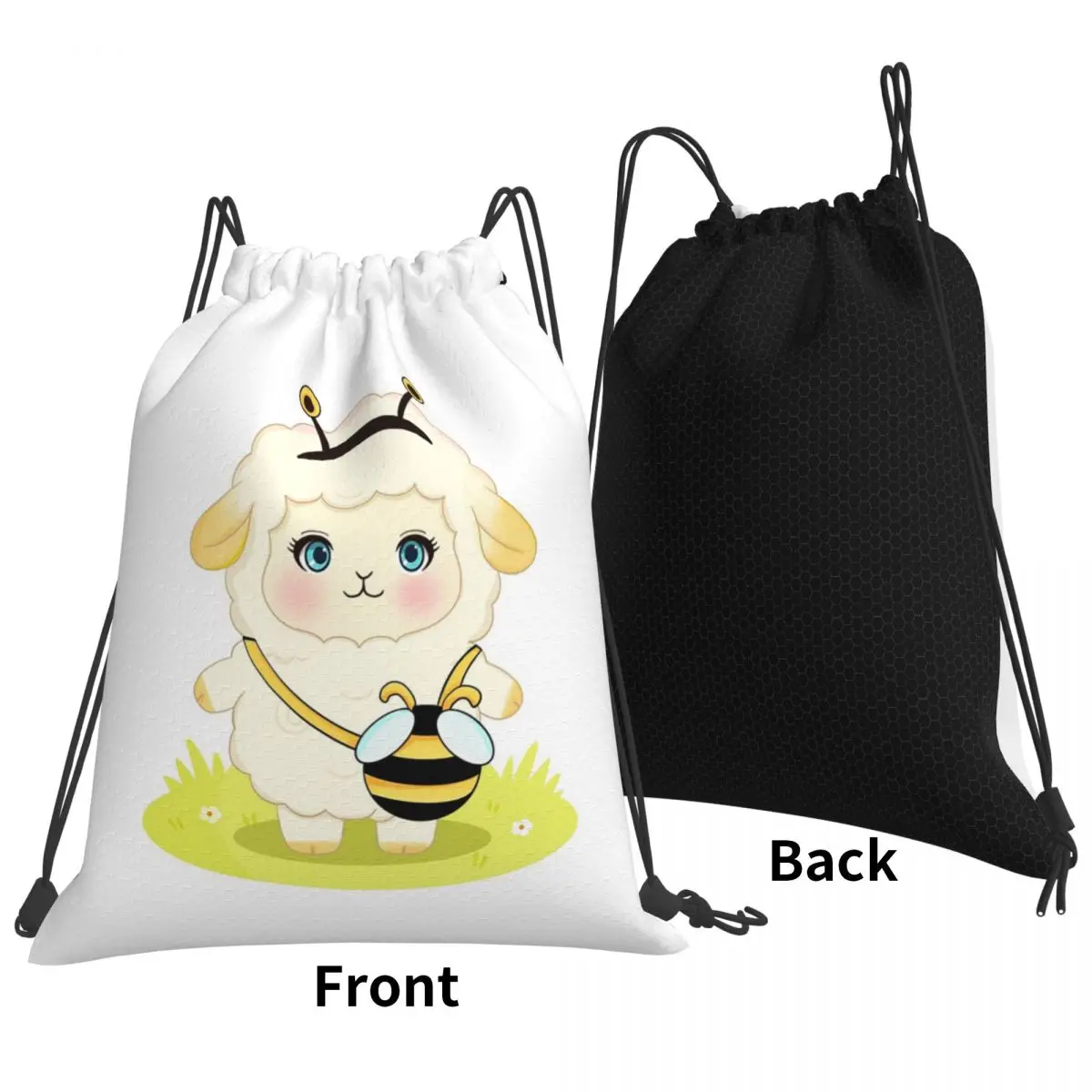 Sweet Buzz Kawaii Sheep With Bee Handbag Backpacks Casual Drawstring Bundle Pocket Sports Bag Book Bags for Man Woman Students