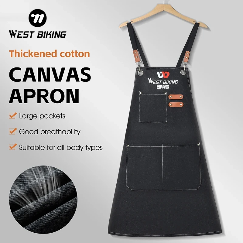 WEST BIKING Antifoul Canvas Apron Home Work Dress Thicken Cotton Apron With Buckle Large Pocket For Bike Maintenance Kitchen BBQ