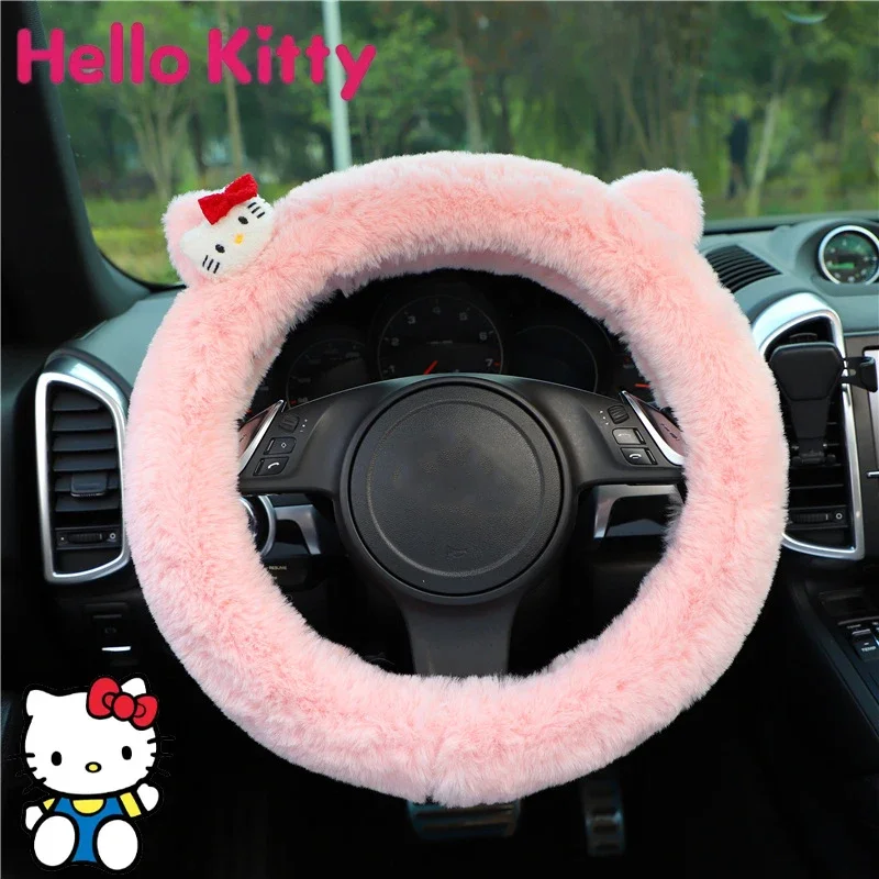 

Hello Kitty Steering Car Wheel Cover Winter Warm Anti Slip Plush Steering Covers Universal 38cm Steering Decoration Accessories