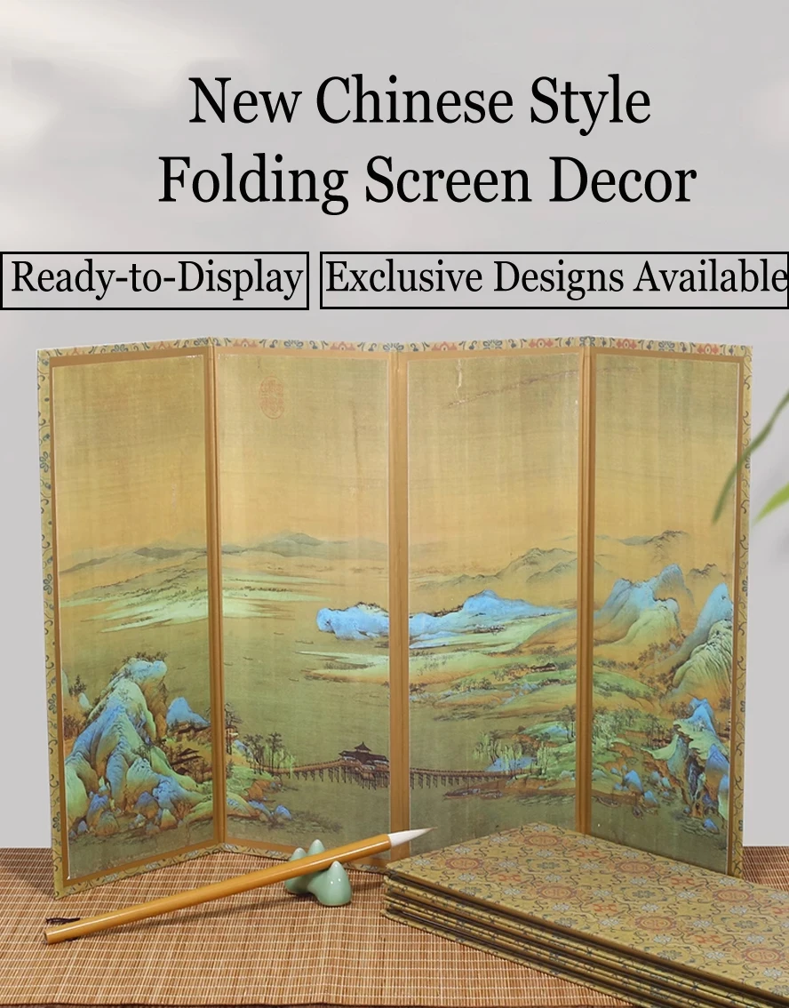 Mini Chinese Room Divider Folding Screen | Desk Organizer & Decorative Panel for Study | Antique Calligraphy Landscape Art Gift