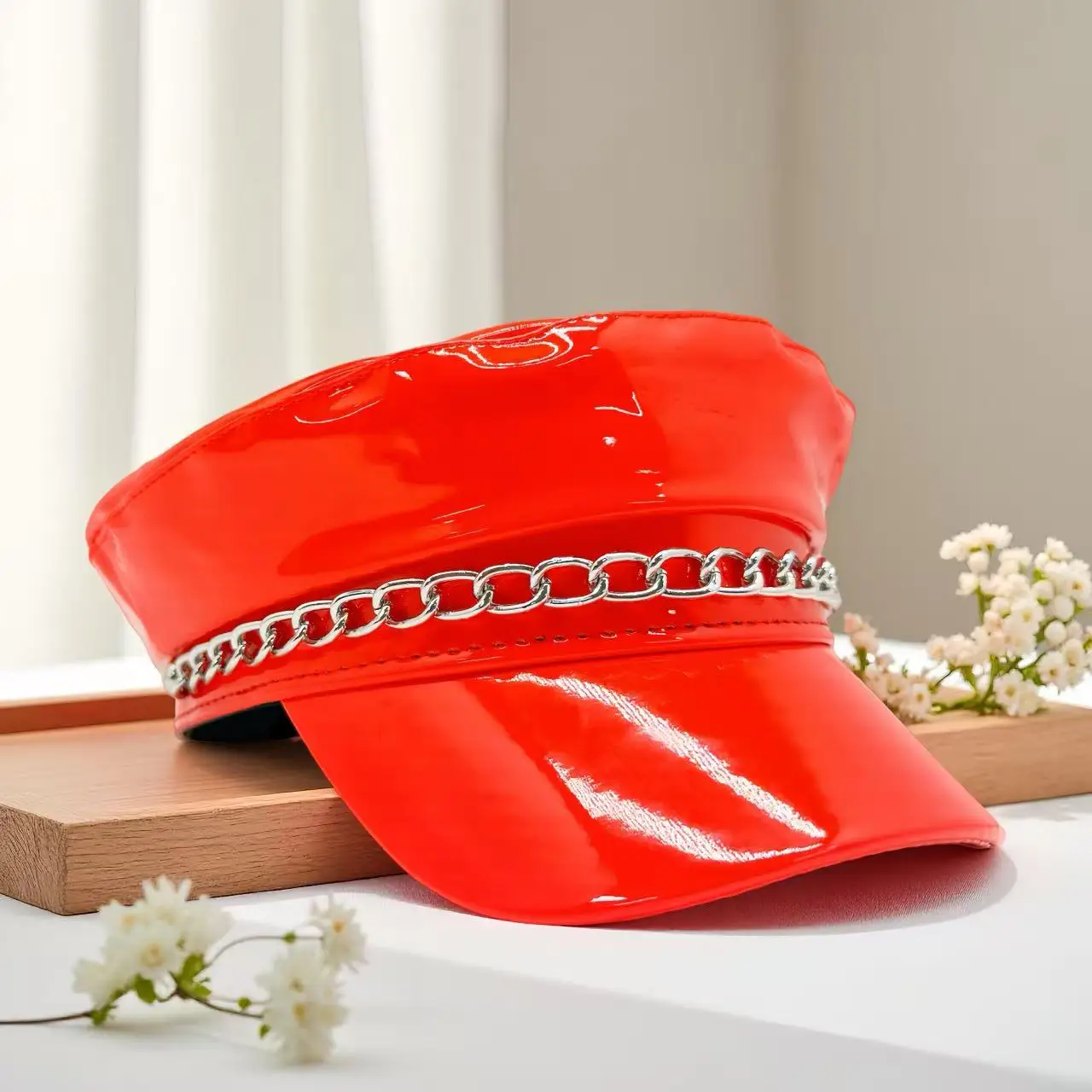 HongLuan Laser lederen kapiteinshoed Strass en militaire petten voor dames, Rave Festivals Accessoires & Feestpet Man Cosplay Fem