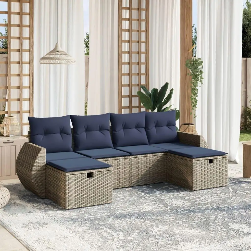 

6 Piece Outdoor Patio Sofa Set with Soft Cushions Gray Poly Rattan Furniture Garden Lounge Seating