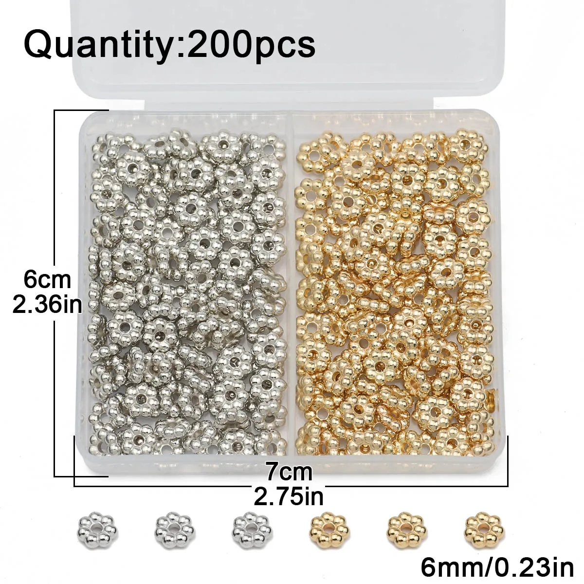 200 Stuks 6Mm Sneeuwvlok Goud/Verzilverd Ccb Spacer Losse Kralen Diy Set Box Voor Armband Ketting Sieraden Maken Accessoires