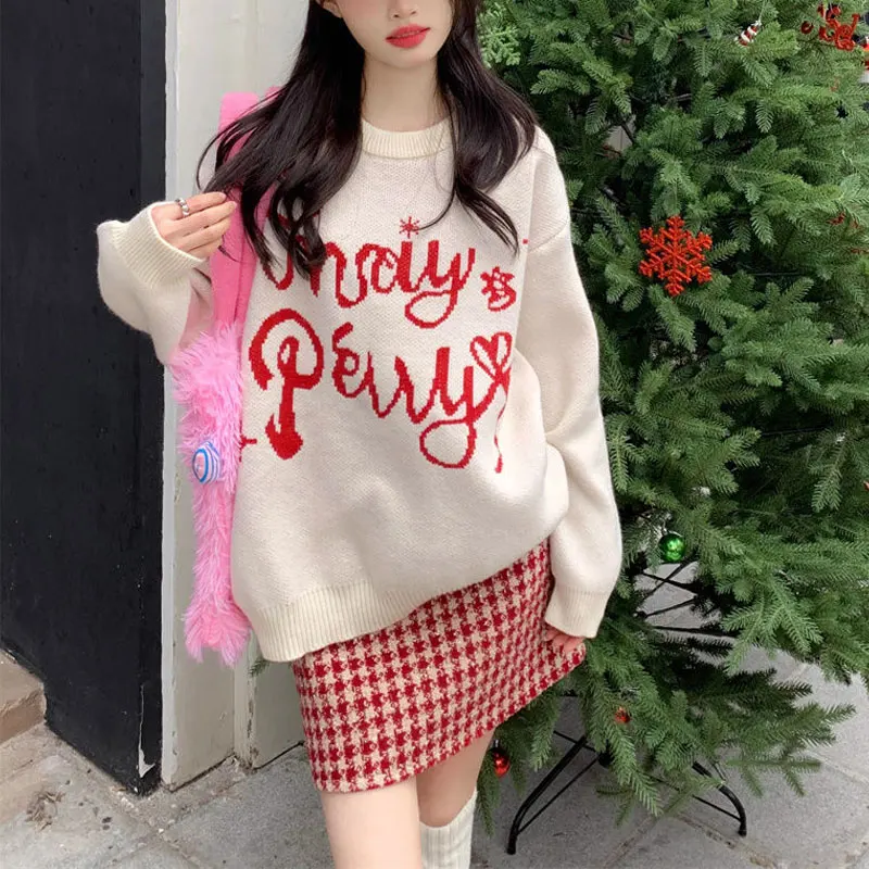 Vintage Letter Knitted Jumpers Autumn Winter Round Neck Loose Female Clothing Fashion Jacquard Weave Basic Long Sleeve Sweaters