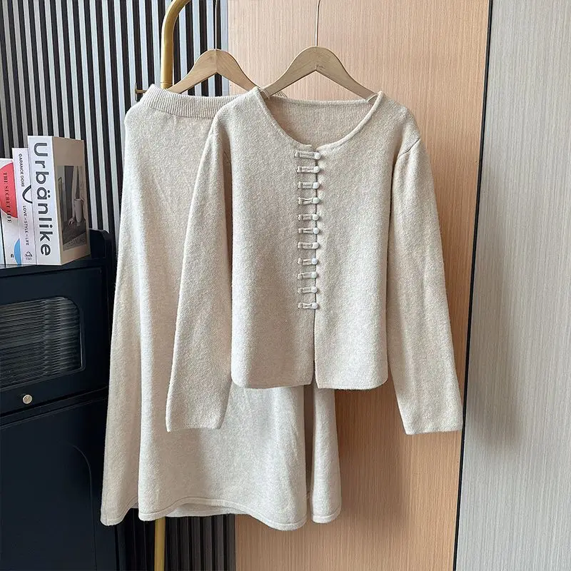 wool  Western Style Suit Women\'s Elegant Buckle Knitted Cardigan Skirt Two-Piece Suit Spring and Autumn New 2024 Skirt