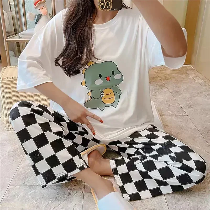 Loose Set Homewear Nightwear Waist Women New Leisure Sleepwear Pajamas Sleeve Short 2pcs Pant Long Cute For
