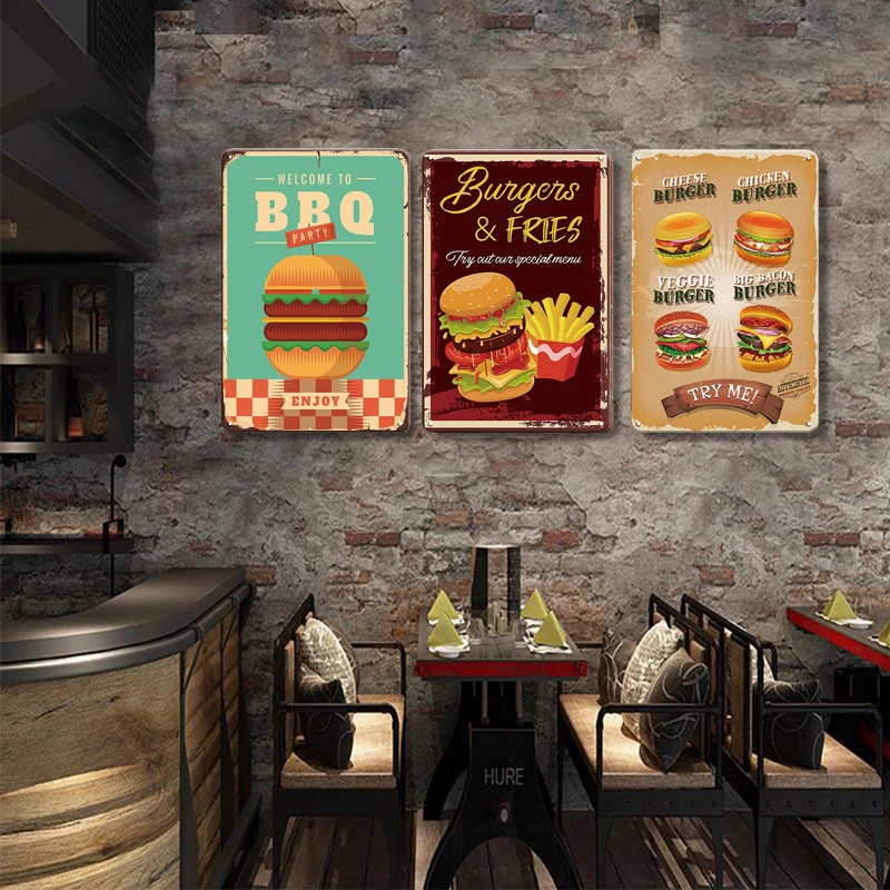 Hot Dog Fresh Hamburgers Metal Tin Signs BBQ Vintage Posters Home Kitchen Wall Decor Iron Plate Painting Fast Food Shop Plaques