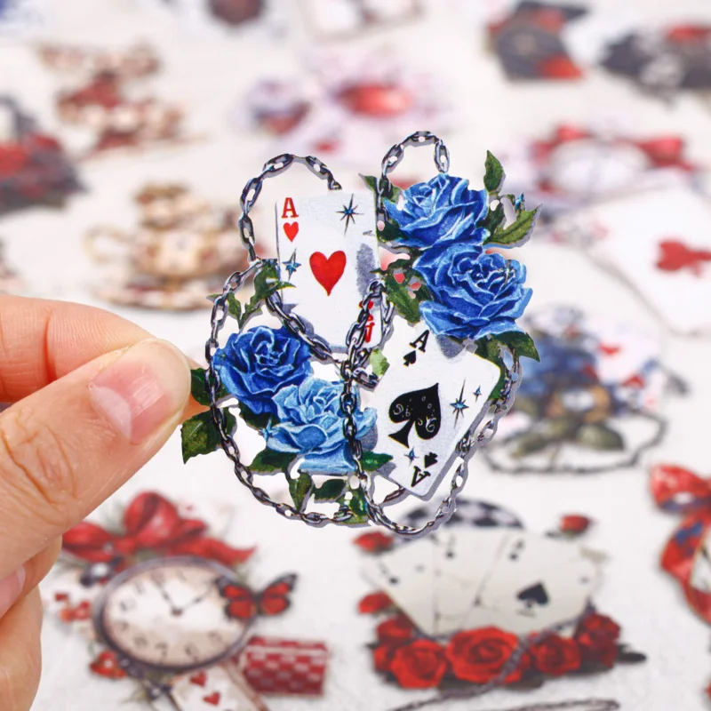 16 Blatt Karten- und Blumenaufkleber, Pokermuster kombiniert mit Retro-Blumen, kreative Materialien für Tagebücher