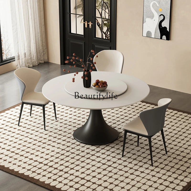 

Retro Style Stone Plate Dining Tables and Chairs Set Modern Simple and Light Luxury round Band Turntable round Table