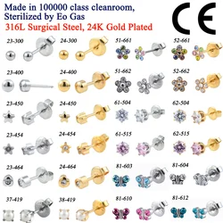 1Pair 316L Surgical Steel 24K Gold Plated Ear Stud CZ Heart Star Flower Crown Sterilized Pack Nickel Free  Women Baby Earrings