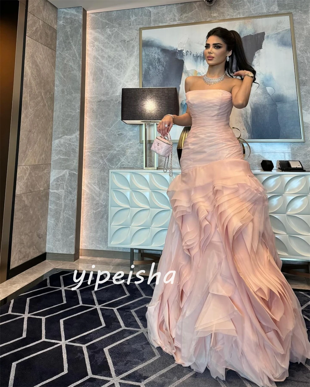 Jiayigong  Organza Pleat Tiered Celebrity A-line Strapless Bespoke Occasion Gown Long Dresses Saudi Arabia