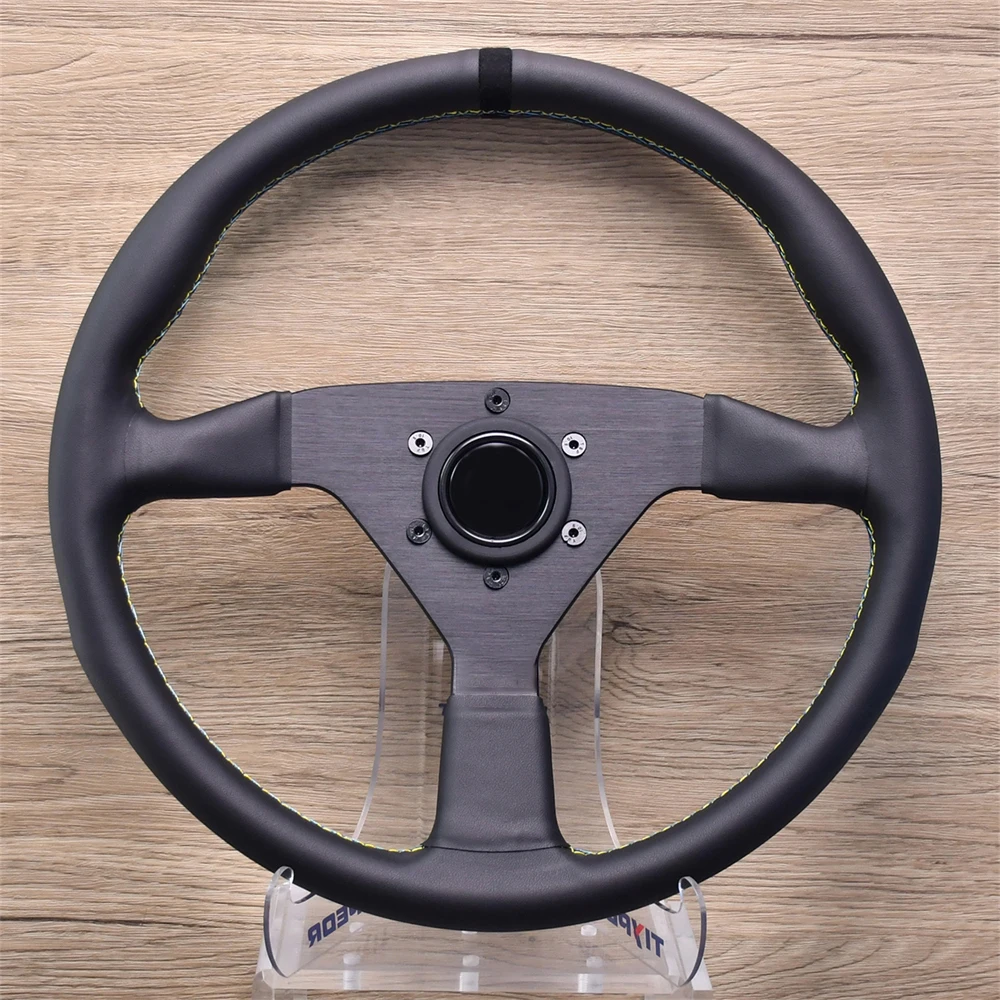 

340mm Universal Black Leather Steering Wheel 3 Spokes 5mm Falt Bracket Simulation steering wheel For with Multi-Color Stitched