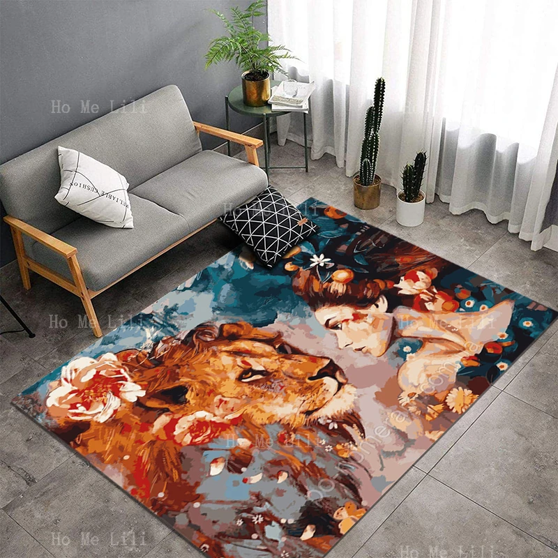 Dimitra Milan Art Animals Figure Bstract Horse And Beauty Lion In My Dream Romantic Watercolor Flannel Floor Rugs By Ho Me Lili