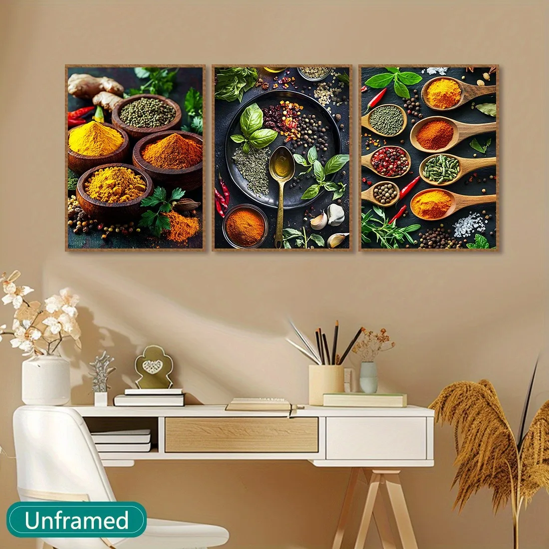 

3-Piece Set Contemporary Canvas Wall Art Decorative Hanging Decor - Vibrant Spices, Peppers, Herbs Kitchenware