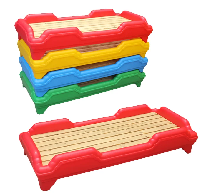 

Indoor Kindergarten Kids Plastic Beds with Wooden Board Stackable Single Kids Bed