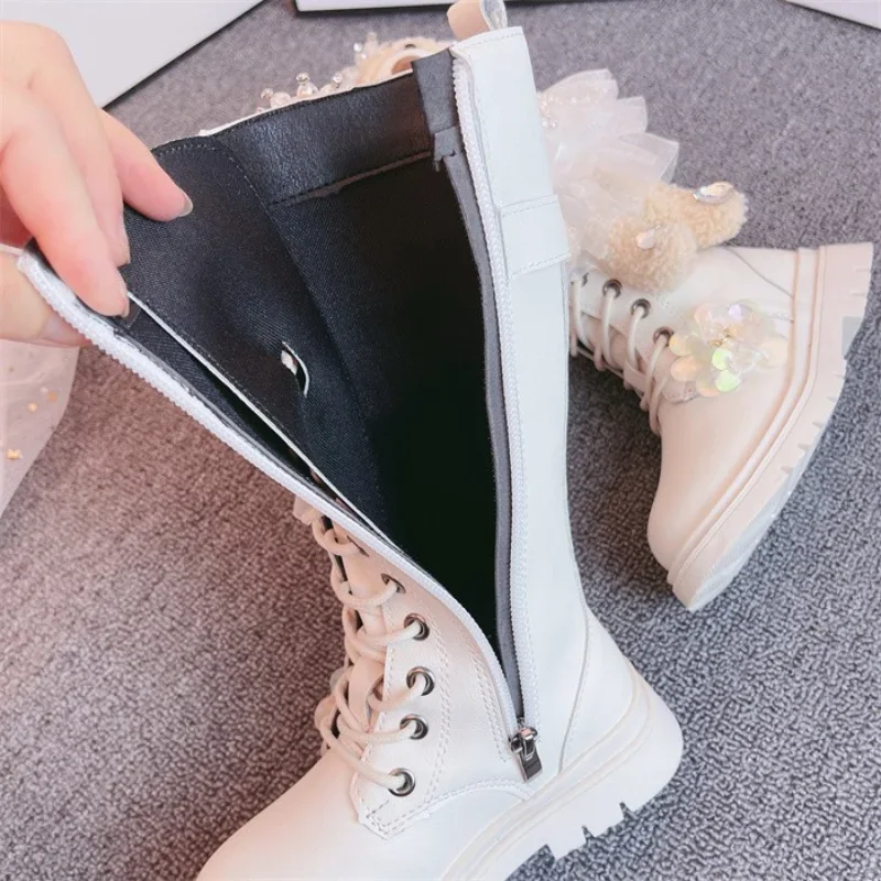 Kids Boots 2021 Autumn Winter For Girls Knee High Boots Fashion Cute Cartoon Bearl Chelsea Children Shoes Thick Sole Platform