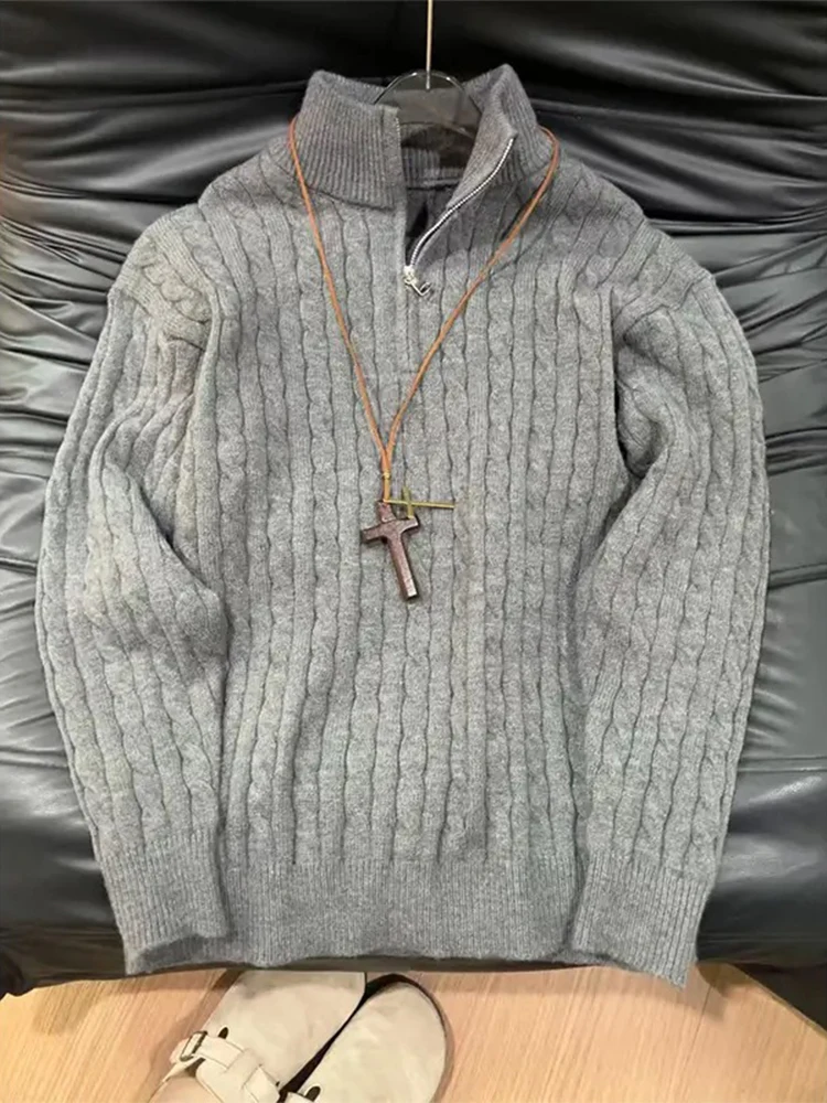 

American Retro f Zipper Stand Collar Men's Sweater Autumn Winter Lazy Sle Twist Knitted irt Inner Wear Base irt Knit...