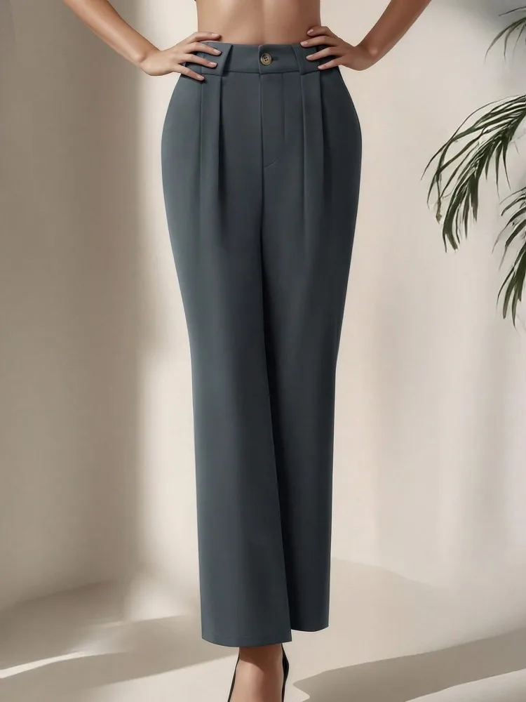 

Женские элегантные однотонные широкие брюки с высокой талией, серые брюки для женщин, повседневная уличная одежда, женские брюки, офисная одежда, шикарные брюки