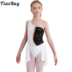 Vestido de patinaje sobre hielo con lentejuelas para niños y niñas, leotardo sin mangas con tirantes, hombros descubiertos, traje de gimnasia y baile de competición