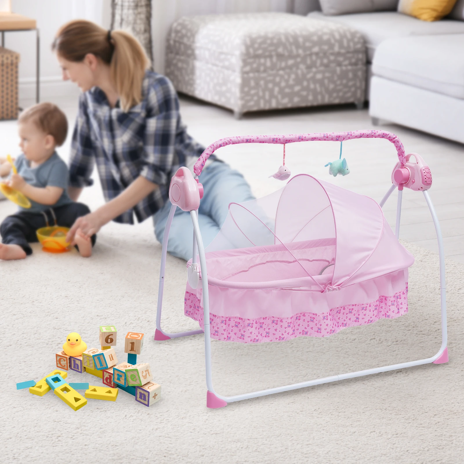 Baby swing with 12 built-in songs, Bluetooth & USB connection, 5 adjustable swing speeds, foldable design, tool-free setup,