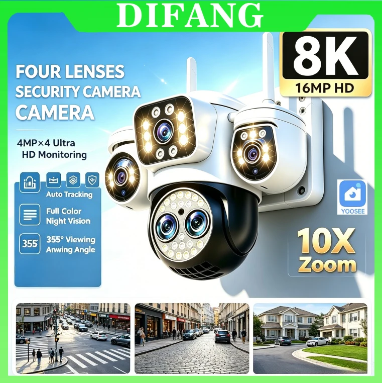 Yoosee 8K 16MP 4 Lens 3 Screen WiFi IP Camera 10X Digital Zoom 360° PTZ Outdoor  Onvif Compatible Security CCTV Surveillance