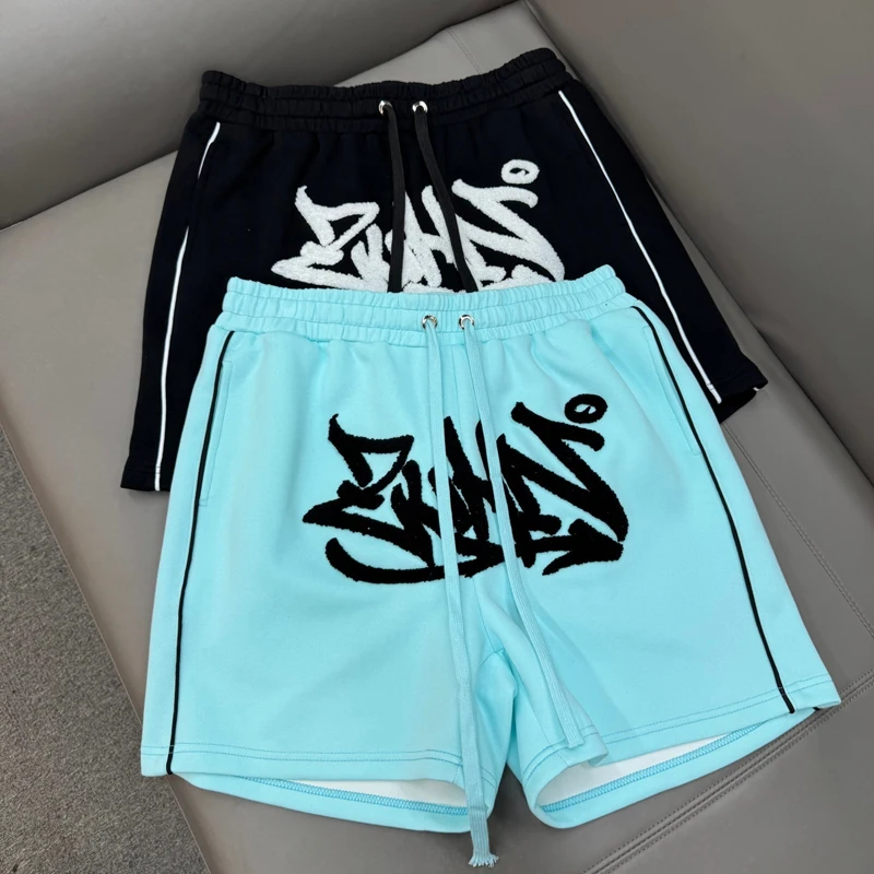 

Blue Black Embrodiery Towel Label Shorts Metal Rings Drwastring Loose Straight Shortpants for Men Women