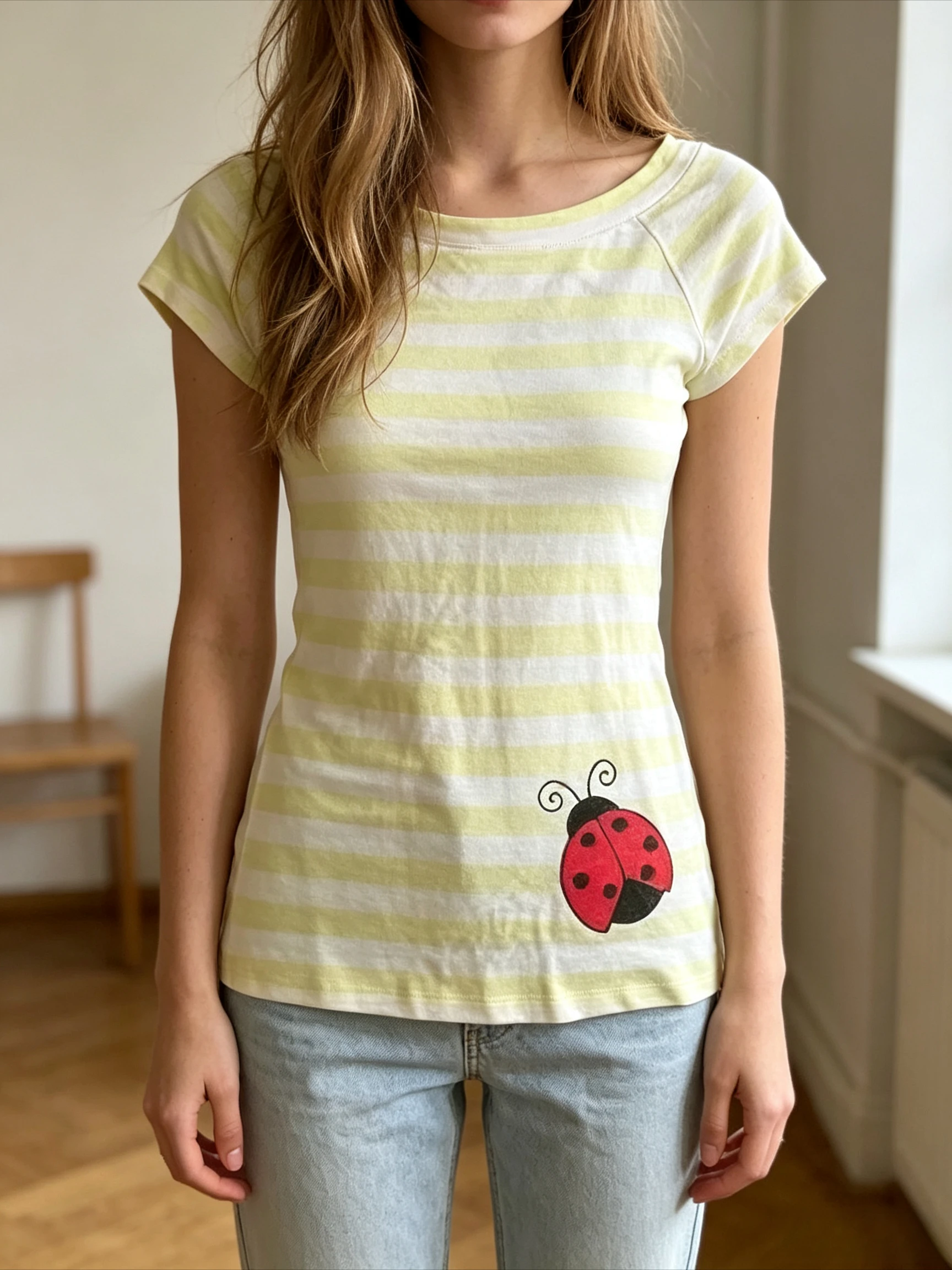 Yellow White Striped Off Shoulder Short Sleeve Tee Red Pink Ladybug Graphic Slim Stretchy Raglan Summer Casual Street Basic Top