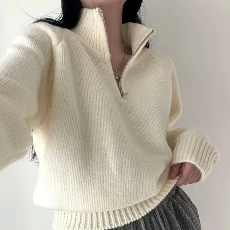 Pull tricoté pour femmes, Design Chic, coupe ample, col montant, doux et confortable, fermeture éclair f, couleur Pure, pour les déplacements, Long, automne hiver