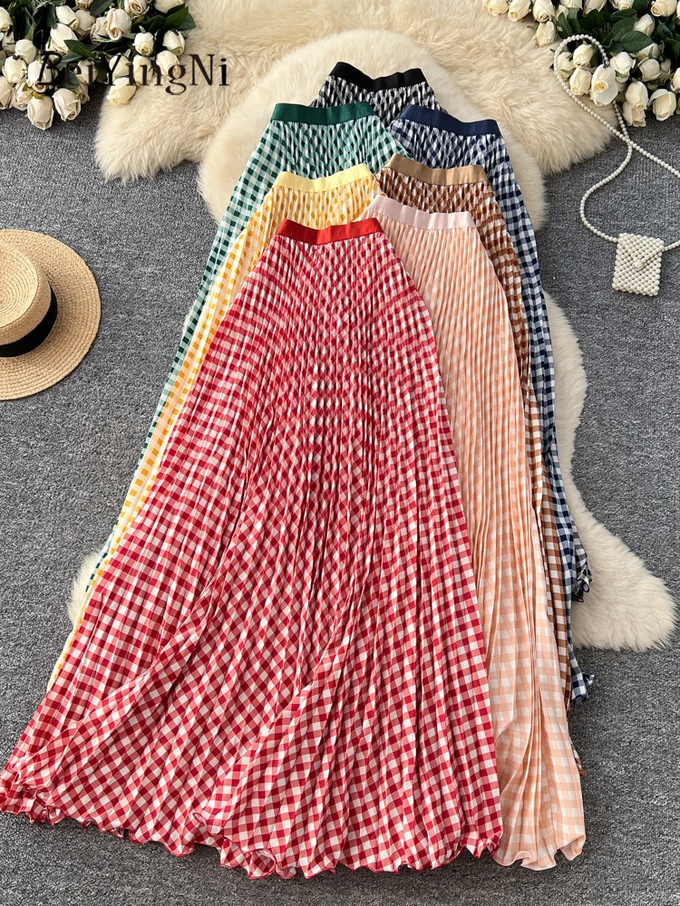 Beiyingni 2026 New Arrivals Pleated Skirt Women Commute Vintage Plaid High Waisted Long Maxi Skirts Female Romance Elegant Jupes