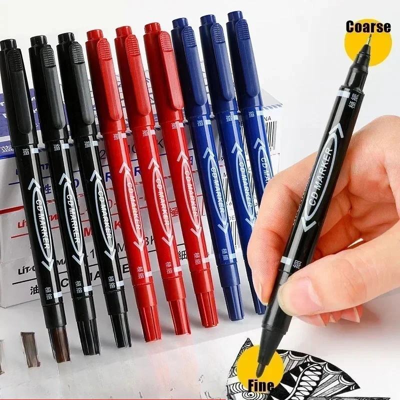 Marcador permanente de doble punta, negro/azul/rojo, marcador de aceite, tinta fina, papelería, suministros escolares y de oficina, 5/10 Uds.