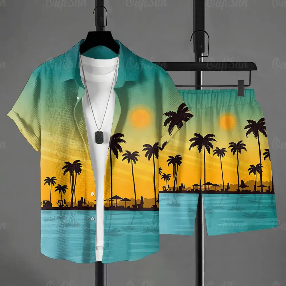 3D Hawaiian Plants Shirt Set Men's Short-sleeved Shirt Summer Short-sleeved Shirt Beach Short Men's Suit Street Casual Y2k Short