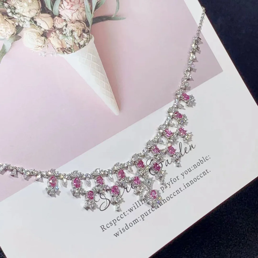 S925 Silver Pink Sapphire Multi-Layer Necklace, 3x4mm Elegant Luxury Jewelry