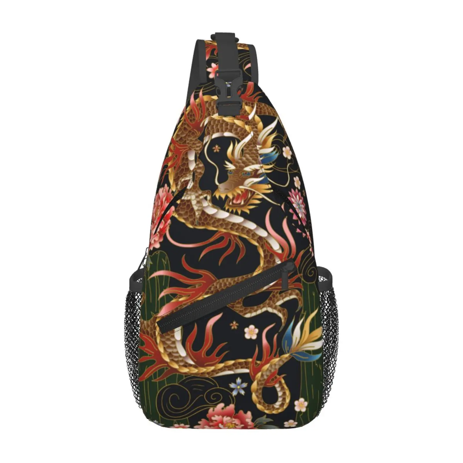 Chinese Flower Peony and Dragon Sling Bag Women Crossbody Chest Backpack Hiking Daypack Men Travel Casual Rideing Outdoor Beach