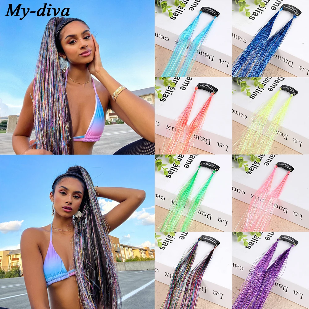 My-diva Shiny Hair Tinsel Rainbow Silk Hair Extensions Dazzles Women Hippie for Braiding Headdress