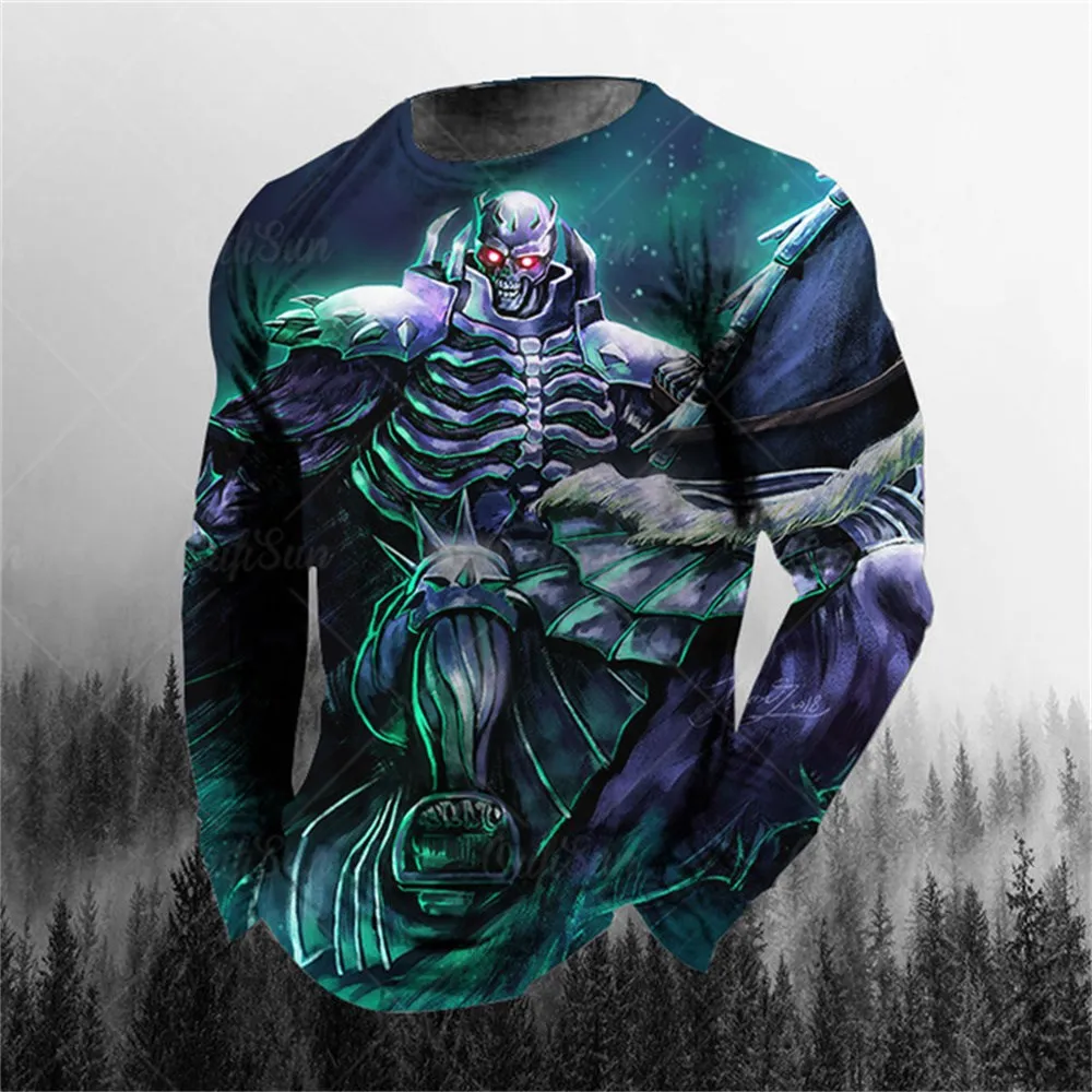 Druk 3D O-Neck długie rękawy Plus Size T-shirt Odzież męska Retro Męska koszulka z długim rękawem Czaszka Długa koszulka Męska ulica