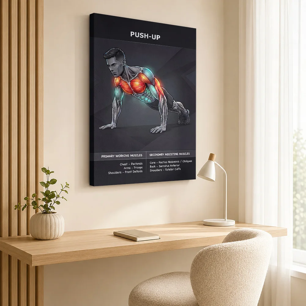 Push-Up Exercise Muscle Anatomy Canvas Print Poster Custom Photo Sports Portrait Wall Art for Office Decor Gift for Collectors
