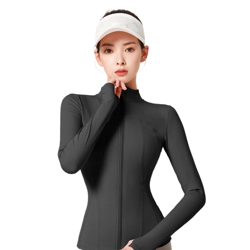 Women's Full Zip Yoga Top With Thumbholes Fitness Running Jacket Stretch Fit Long Sleeve Round Neck Top Sportswear