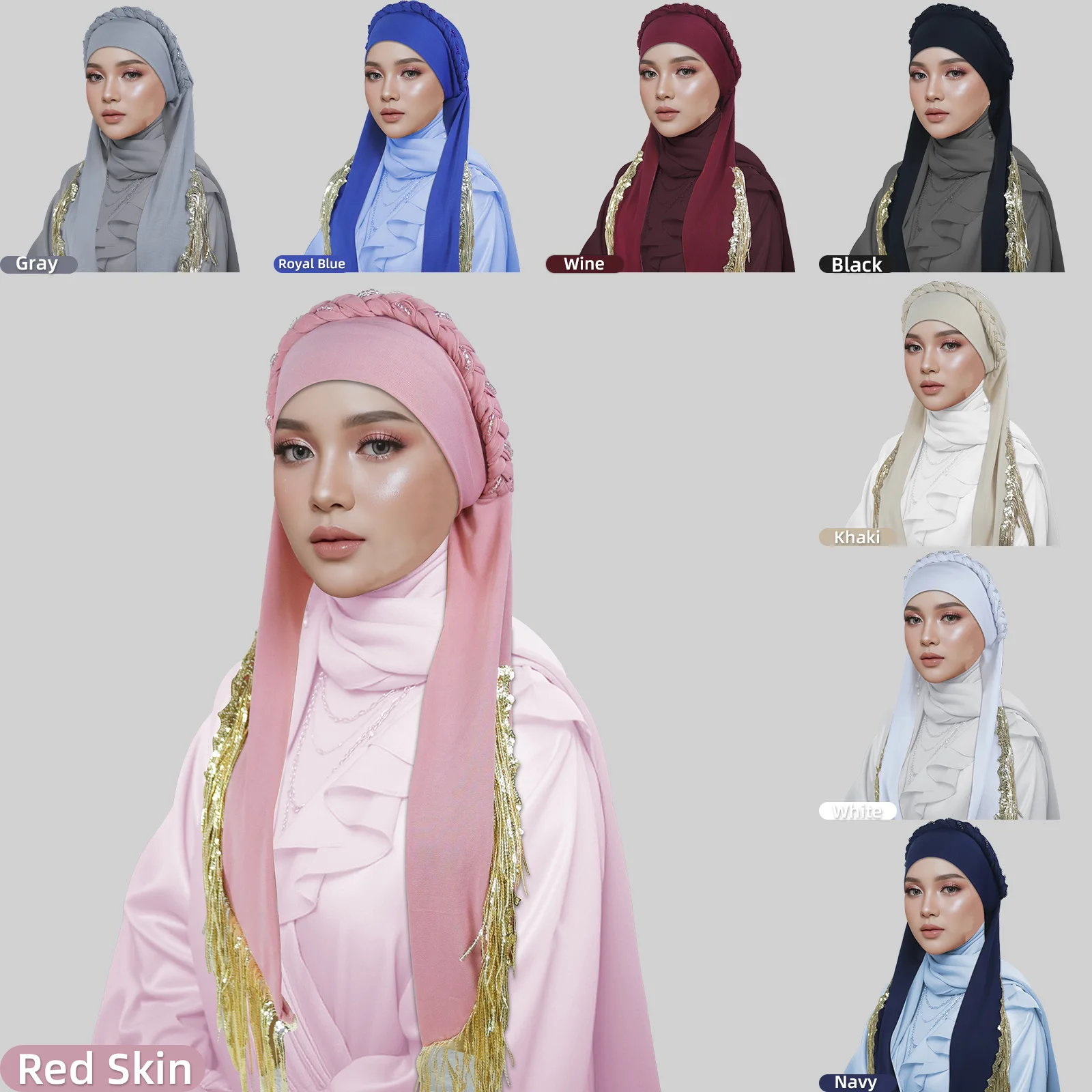 ファッションビーズ編み込みターバンタッセルロングテールボンネット女性ムスリムヒジャブケモキャップヘッドラップバンダナヘッドバンドヘッドスカーフターバンテ