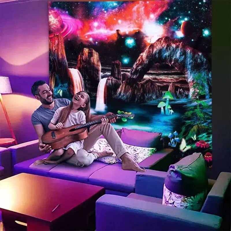 VIKAMA Black Light Mind Altering Cascading Water Fungi Tusker Deep Space UV Active Tapestry Wall Blanket Decor Soft Durable Cozy