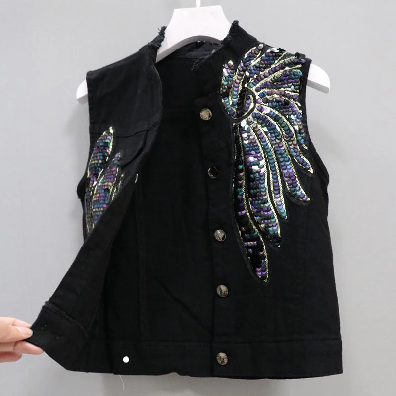 Fashion Denim Vest Jacket Womens Spring Summer New Basic Vests Coat Elastic Embroidery Sequins Female Korean Cowboy Waistcoat