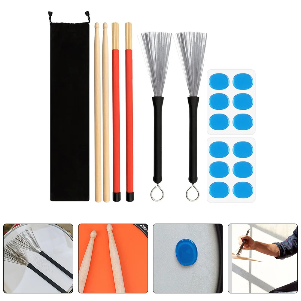 

1Set Drum Brush Set Wood Drumsticks Wire Brushes Rute Sticks Drum Dampeners Kit for Jazz Percussion Equipment Drumming Equipment