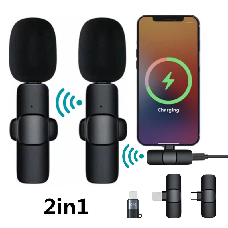 Microfone Lavalier sem fio Cancelamento de Ruído, Microfone para Gravação de Áudio e Vídeo, Microfone para iPhone, Android, Xiaomi, Transmissão ao Vivo Jogo Mic, 2 em 1